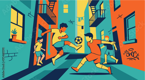KIDS PLAYING STREET SOCCER IN URBAN CITY ALLEYWAY DURING TOURNAMENT