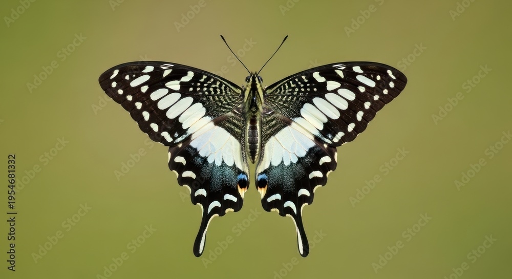 Fototapeta premium A black and white butterfly with intricate patterns on its wings, perched on a green leaf against a blurred background of trees and foliage.