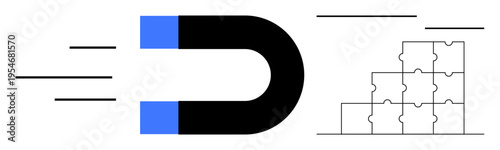 Attraction concept. Magnet pulling puzzle blocks attraction, synergy, and connection. Attraction innovation, teamwork, and efficiency. Perfect for business, strategy marketing