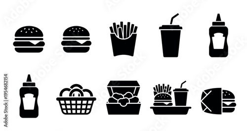 A collection of black silhouette icons representing various fast food items including burgers, fries, drinks, and condiments on a white background.