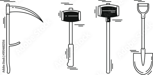 Minimal farming tools icons with scythe hammer and shovel simple line art vector illustration
