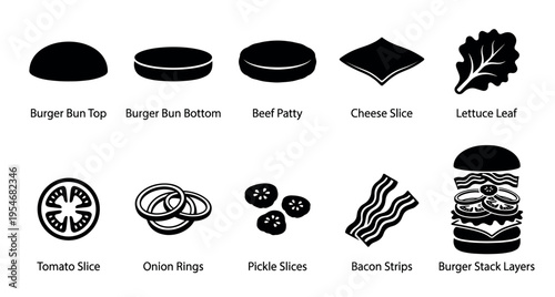 A collection of black and white silhouette icons depicting various burger ingredients, with a fully assembled burger at the end, ideal for food blogs and menus.