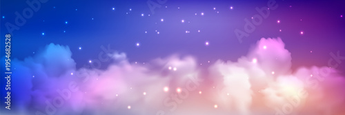 Purple gradient sky background with pastel stars and glitter creates a dreamy sunset atmosphere. Soft pink and blue hues blend beautifully in this fantasy backdrop.