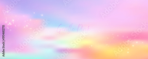Pastel pink gradient sky with fluffy clouds and glitter stars creates dreamy sunset backdrop. Soft rainbow hues blend beautifully in this abstract evening sky illustration.