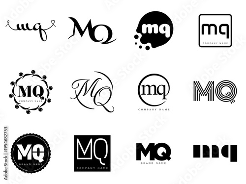 MQ logo company template. Letter m and q logotype. Set different classic serif lettering and modern bold text with design elements. Initial font typography.