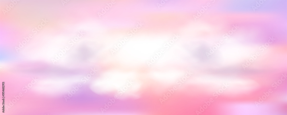 Obraz premium Pastel gradient sky background with fluffy pink clouds at sunset, soft rainbow hues blending into purple twilight, dreamy evening atmosphere perfect for spring designs. Vector Illustration.