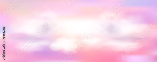 Pastel gradient sky background with fluffy pink clouds at sunset, soft rainbow hues blending into purple twilight, dreamy evening atmosphere perfect for spring designs. Vector Illustration.