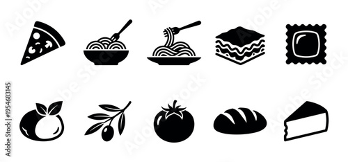 A collection of black and white silhouette icons representing various Italian food items like pizza, pasta, lasagna, ravioli, olives, tomato, bread, and fruit.