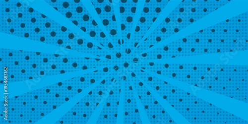 Comic background. Pop art texture. Starburst cartoon style. Anime design with explosion effect for print. Fun dot pattern. Blue backdrop with halftone gradien