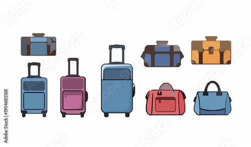 Flat Travel Luggage Icons Set with Suitcases Cabin Bags and Vintage Trunks Vector Design