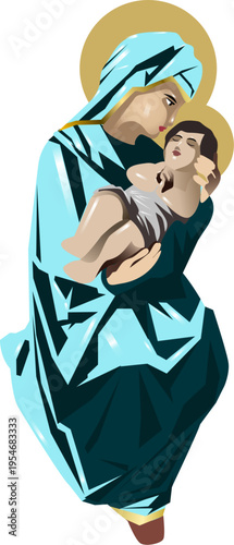 Contemporary Madonna and Child Figurine Vector  Illustration in Sky Blue with Polished Marble Texture