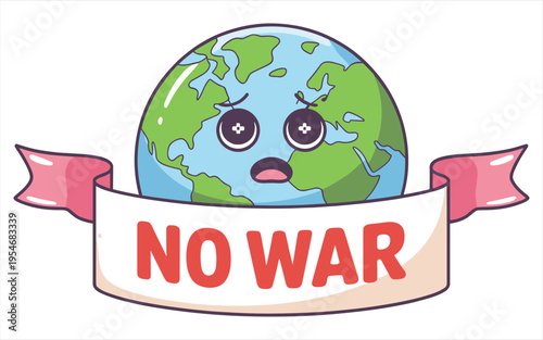 Cute Earth Character with No War Banner Peace Concept Illustration