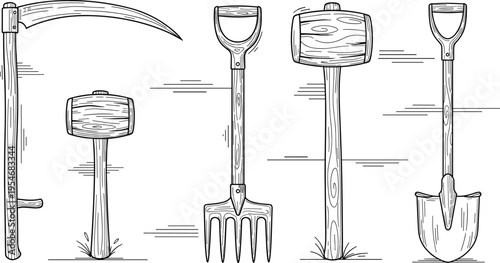 Vintage farming tools illustration set with scythe mallet rake and shovel hand drawn line art