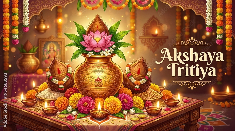 Fototapeta premium Akshaya Tritiya Celebration with Kalash, Diyas, and Floral Festive Decorations..
