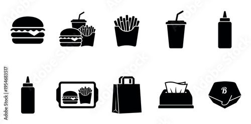 A collection of black silhouette icons representing various fast food items and related items against a white background.