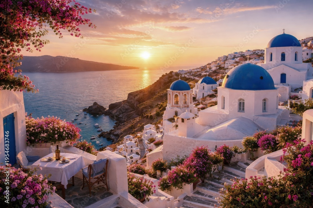 Obraz premium A stunning sunset view of Oia, Santorini, featuring iconic white-washed buildings with vibrant blue domes overlooking the Aegean Sea. The scene is framed by blooming pink bougainvillea, with a cozy di