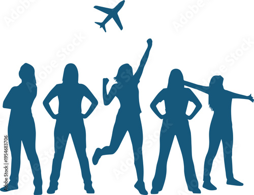Group of Successful Women Silhouettes Cheering and Celebrating Success under an Airplane