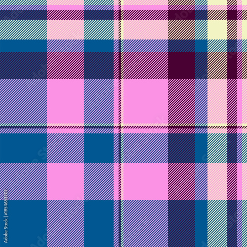 Diverse plaid textile background, bandanna check vector texture. Holiday pattern seamless fabric tartan in pink and cyan colors.