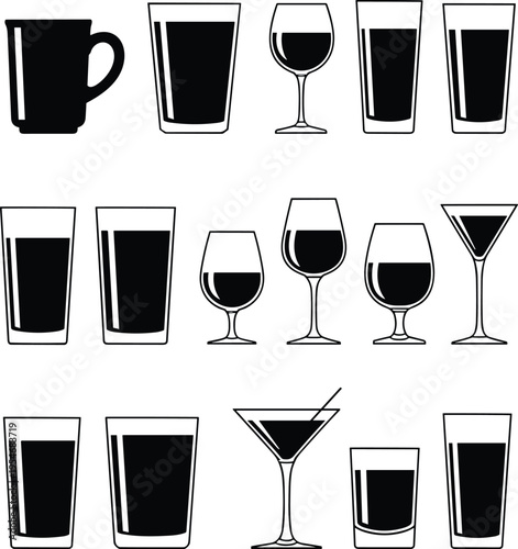 Glassware icons set, black and white vector illustration of drink glasses, cocktail martini wine and coffee mug silhouettes on white, isolated.