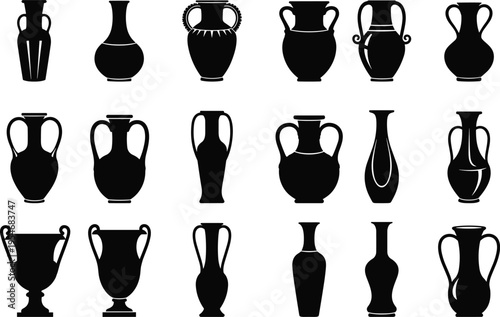 Ancient Greek vase silhouette vector set featuring amphora, pottery jars, antique clay jugs, and Mediterranean ceramic vessels for historical graphic design.