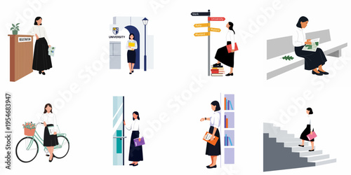 Set of flat illustrations showing a young woman navigating various university student life activities from registration to studying and campus exploration.