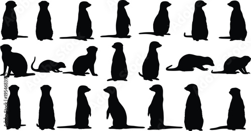 Meerkat silhouette vector set featuring various standing, sitting, and alert poses for wild animal, desert nature, and African safari graphics.