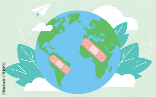 Earth Day Concept Illustration with Globe, Leaves, and Adhesive Bandages