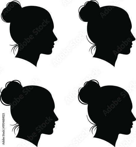 Woman profile silhouette set, black female head icons, lady bun hairstyle elements, girl face side view vector, beauty fashion graphics.