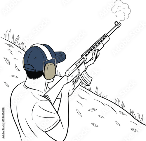 Line art illustration of a person shooting a semi-automatic rifle during outdoor target practice sessions