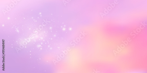 Magical sunset backdrop with soft pastel colors, shimmering stars, and dreamy clouds creating an enchanting fantasy atmosphere for cute fairytale designs. Vector Illustration.