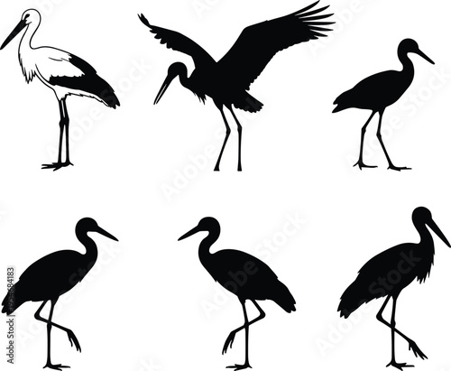 Stork silhouette set, black heron bird icons, crane waterfowl elements, standing flying bird vector, nature wildlife graphics, marsh bird icons.