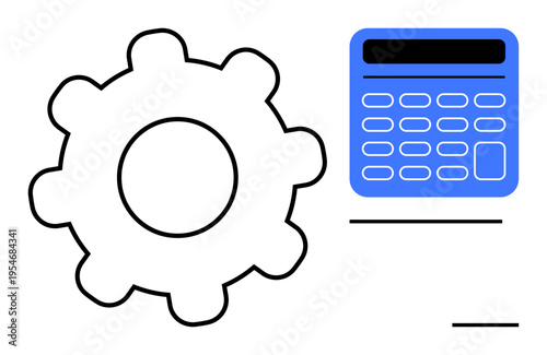 Automation, engineering, productivity, machine learning, computation, problem solving. A gear and a blue calculator. Automation and engineering concepts in modern problem solving and computation