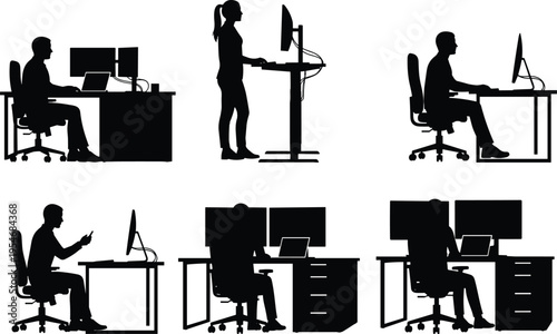 Black office workspace silhouette collection set isolated on white background for ergonomic design, standing desk, remote work and business illustration.