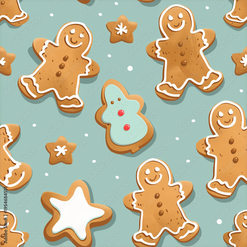 Obraz premium Gingerbread cookies seamless pattern with smiling figures and festive shapes on blue background. Cute gingerbread cookies include stars and a decorated Christmas tree among snowflakes.