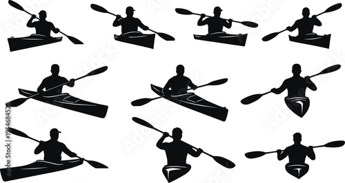 Black kayak silhouette collection set isolated on white background for outdoor water sports design, paddling, adventure, rowing and summer illustration.