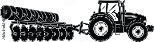 Black tractor silhouette pulling disc harrow isolated on white background for agriculture design, farming machinery, soil cultivation and industrial illustration.