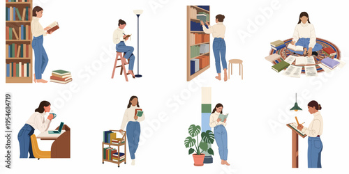 Vector illustration set of a young woman engaged in various reading, writing, and studying activities in a library or home office setting.