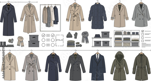 Winter coat wardrobe organization set with clothing racks storage and outfits isolated on white background fashion vector illustration