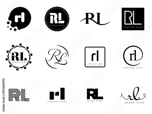 RL logo company template. Letter r and l logotype. Set different classic serif lettering and modern bold text with design elements. Initial font typography.