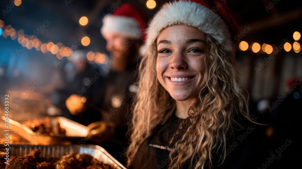 Fototapeta premium A cheerful girl donning a Santa hat smiles while serving delicious BBQ food at a festive outdoor gathering, embodying the spirit of community and celebration during the holidays.