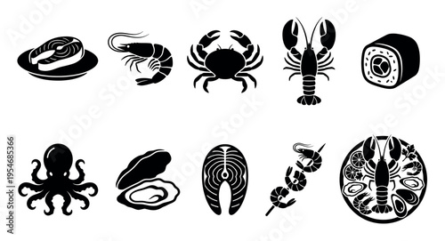 A collection of stylized black and white icons representing various seafood items like fish, shrimp, crab, lobster, octopus, oyster, and sushi rolls, perfect for menu design or culinary concepts.
