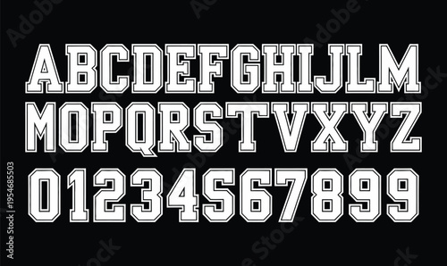 Varsity Alphabet and Numbers Vector Set with Collegiate Sports Font for Team Jersey Apparel Design