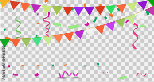 Colorful with bunting flags with confetti in transparent background 