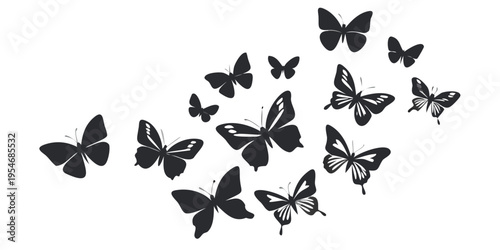 Minimalist Black Butterfly Swarm Silhouette Illustration on White Background