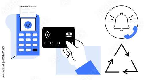 Digital payments, sustainability, notifications, eco-friendly practices, financial convenience, commerce trends. A hand holding a credit card near a payment terminal, a bell icon, and a recycling