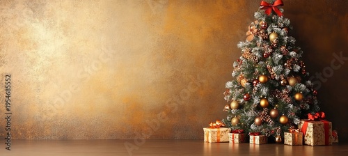 Cozy Holiday Living Room with Beautifully Decorated Christmas Tree, Presents, and Festive Atmosphere