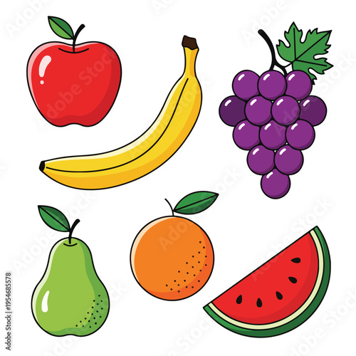Cartoon illustration of assorted fruits against a clean, white background