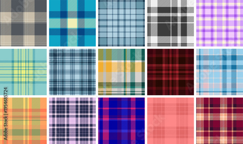 Plaid collection adapted for modern celebratory design. Traditional tartan patterns meet digital and printable workflows. Seamless vectors ensure usability.