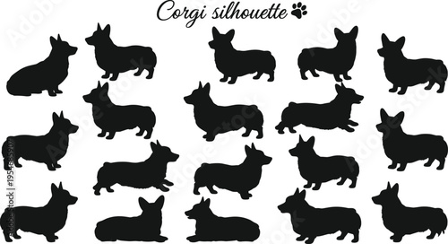 Black silhouette vector illustration showing cute Corgi dogs in multiple poses including sitting, standing, lying down, and playful