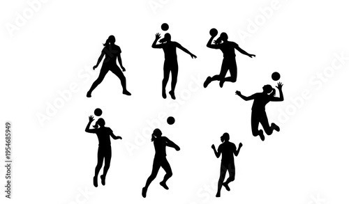 Female volleyball athlete silhouettes in side and front view action poses for sports training and competition vector set
